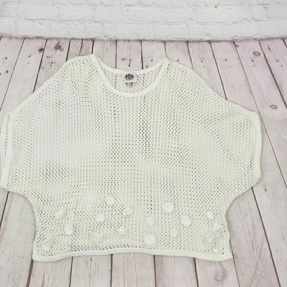 Juicy Couture Boxy 100% Cotton Floral Embellished Short Dolman Sleeve Crochet